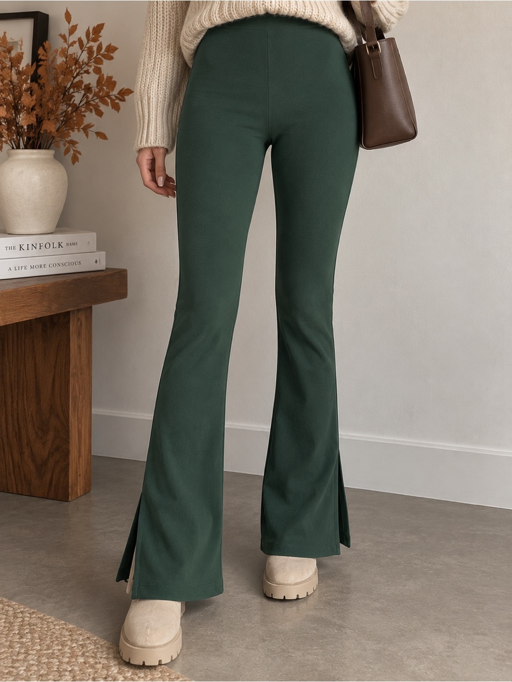 Zara Women’s Green High Rise Flare Split Hem Stretch Pants Size M NWT